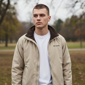 Columbia Sportswear Mens Medium Beige Fleece Lined Canvas Chore Coat Jacket